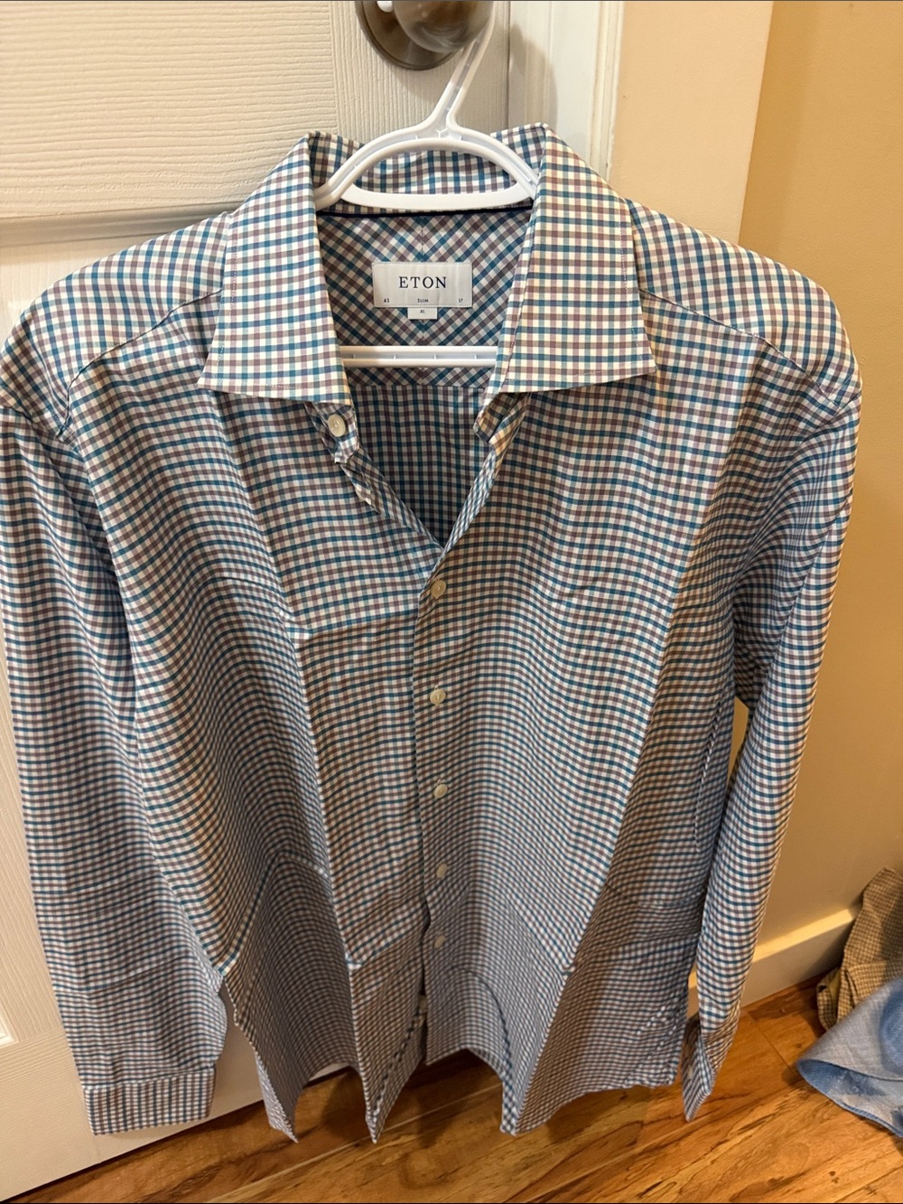Eton Blue and Brown Checked Spread Collar Dress Shirt